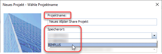 Neue ALLPLAN Share Projekte in neuen Bimplus Projekten erstellen
